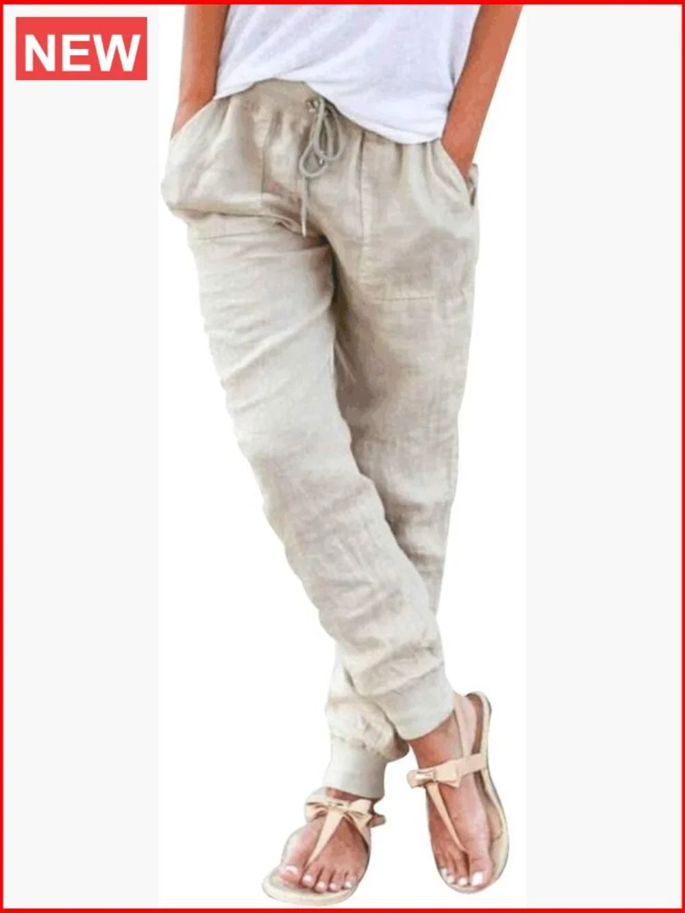 Cotton Linen Tapered Pants Drawstring Elastic Waist Casual Trousers with Pockets